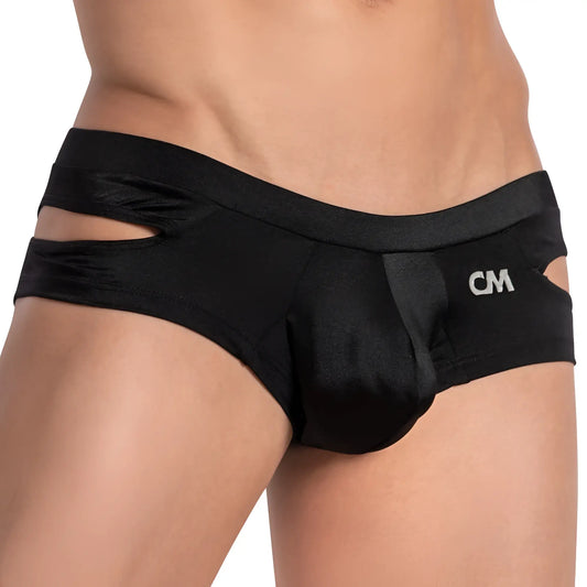 Black satin cover male CME027 jockstrap briefs with cutout sides and cm logo on waistband front view