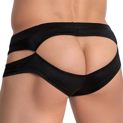 Black satin cover male CME027 jockstrap briefs with a distinctive cutout design showing the front side
