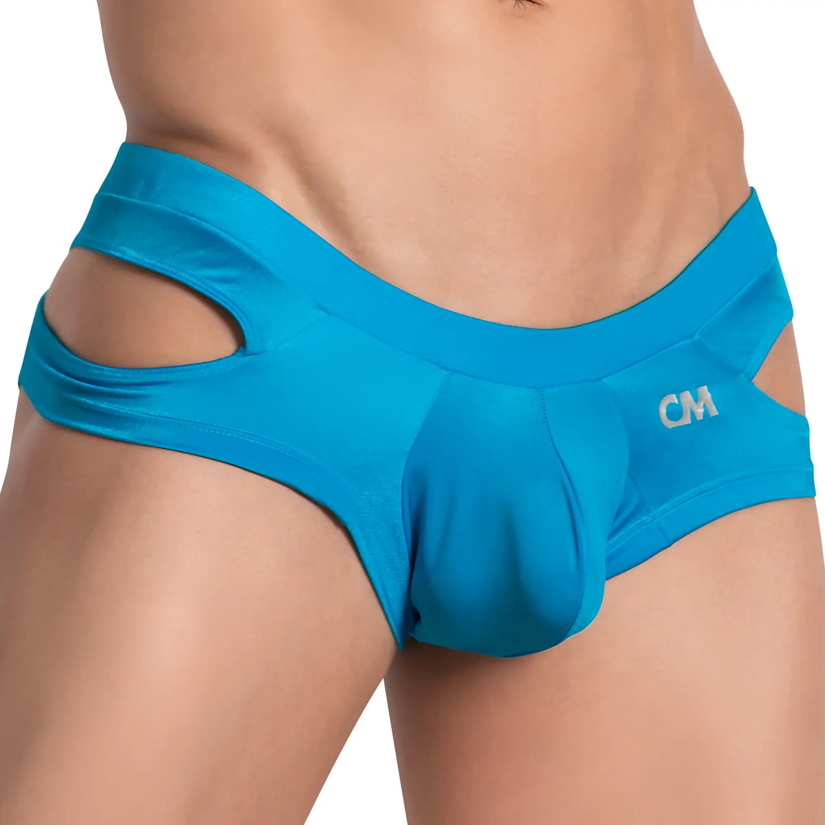 Bright blue cover male CME027 jockstrap with cutout side details and subtle cm logo on waistband in form-fitting material
