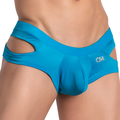 Bright blue cover male CME027 jockstrap with cutout side details and subtle cm logo on waistband in form-fitting material