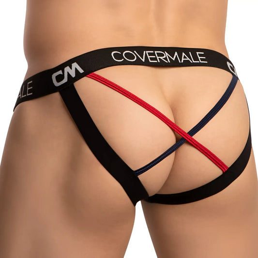 Black red and navy blue striped covermale cme029 cross string back jockstrap with bold logo waistband back view