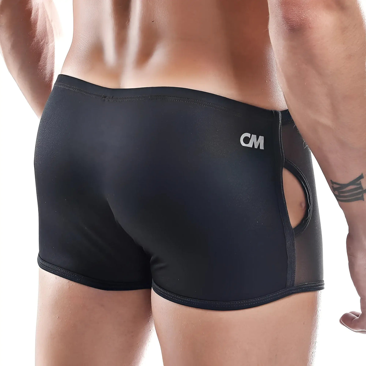 Black cover male cmg015 boxer trunk briefs with mesh side panels and cutout detail for men