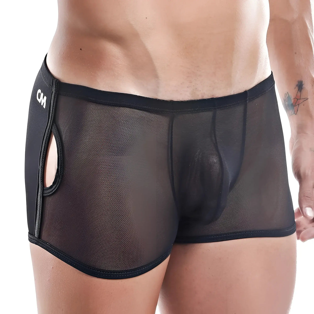 Cover male cmg015 boxer trunk black mesh briefs with solid waistband side cutouts and cm logo on left hip