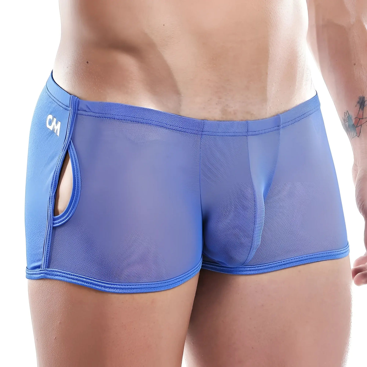 Cover male cmg015 boxer trunk blue mesh briefs with solid blue waistband and side cutout featuring cm logo on left hip