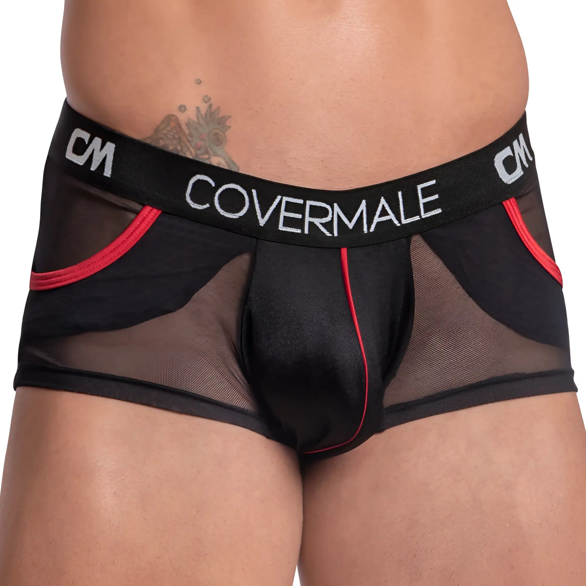 Black sheer mesh briefs with red trim and black elastic covermale waistband from cover male CMG022 boxer trunk
