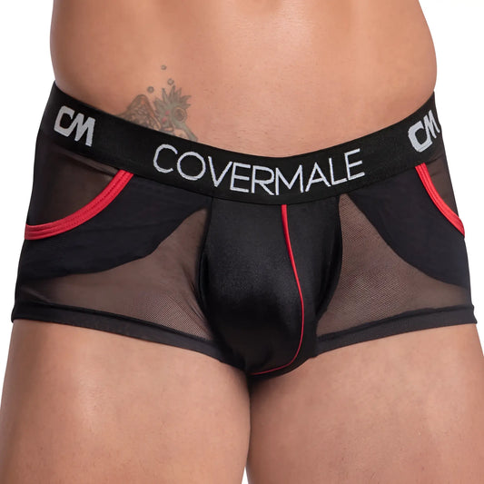 Black sheer mesh briefs with red trim and black elastic covermale waistband from cover male CMG022 boxer trunk
