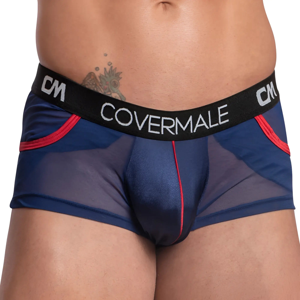 Cover male cmg022 boxer trunk navy blue sheer mesh briefs with red trim and black waistband with covermale branding