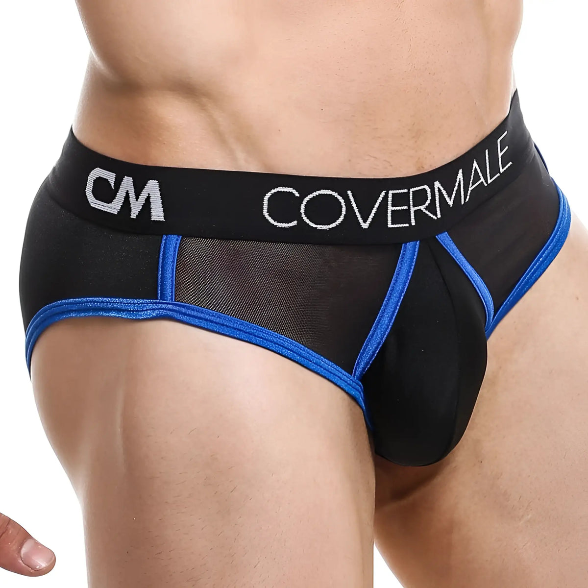 Cover Male CMH007 brief black mesh briefs with blue trim and black waistband featuring white covermale logo