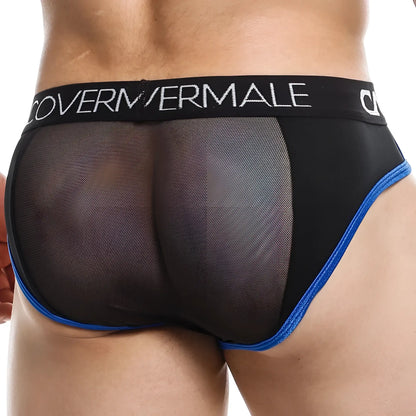 Cover male cmh007 brief black mesh briefs with blue trim and black waistband featuring covermermal logo in white