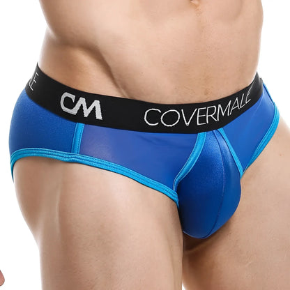 Blue and teal mesh briefs cover male cmh007 with black waistband featuring covermall logo in white lettering