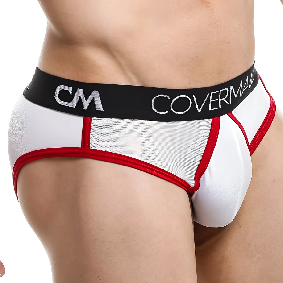 Cover male cmh007 brief white and red mesh briefs with black waistband and coverma logo in silver lettering