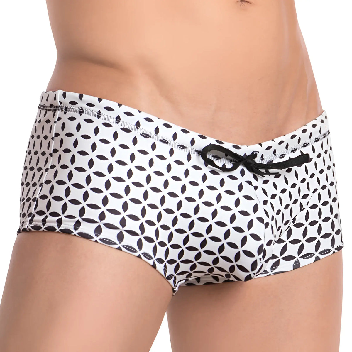 Cover male cmh008 swimwear white swim trunks with black geometric leaf pattern and matching black drawstring waistband
