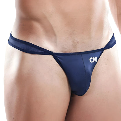 Cover Male CMI028 bikini brief navy blue thong made of smooth stretchable fabric with subtle sheen and white logo on front