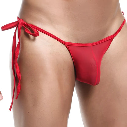 Red mesh thong bikini brief with tied side ties by cover male CMI031 showing front view