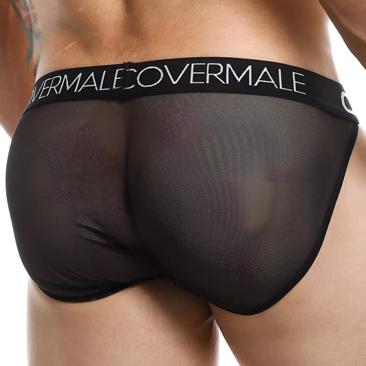 Cover male CMI033 bikini sheer black mesh briefs with black elastic waistband featuring overmale logo in white