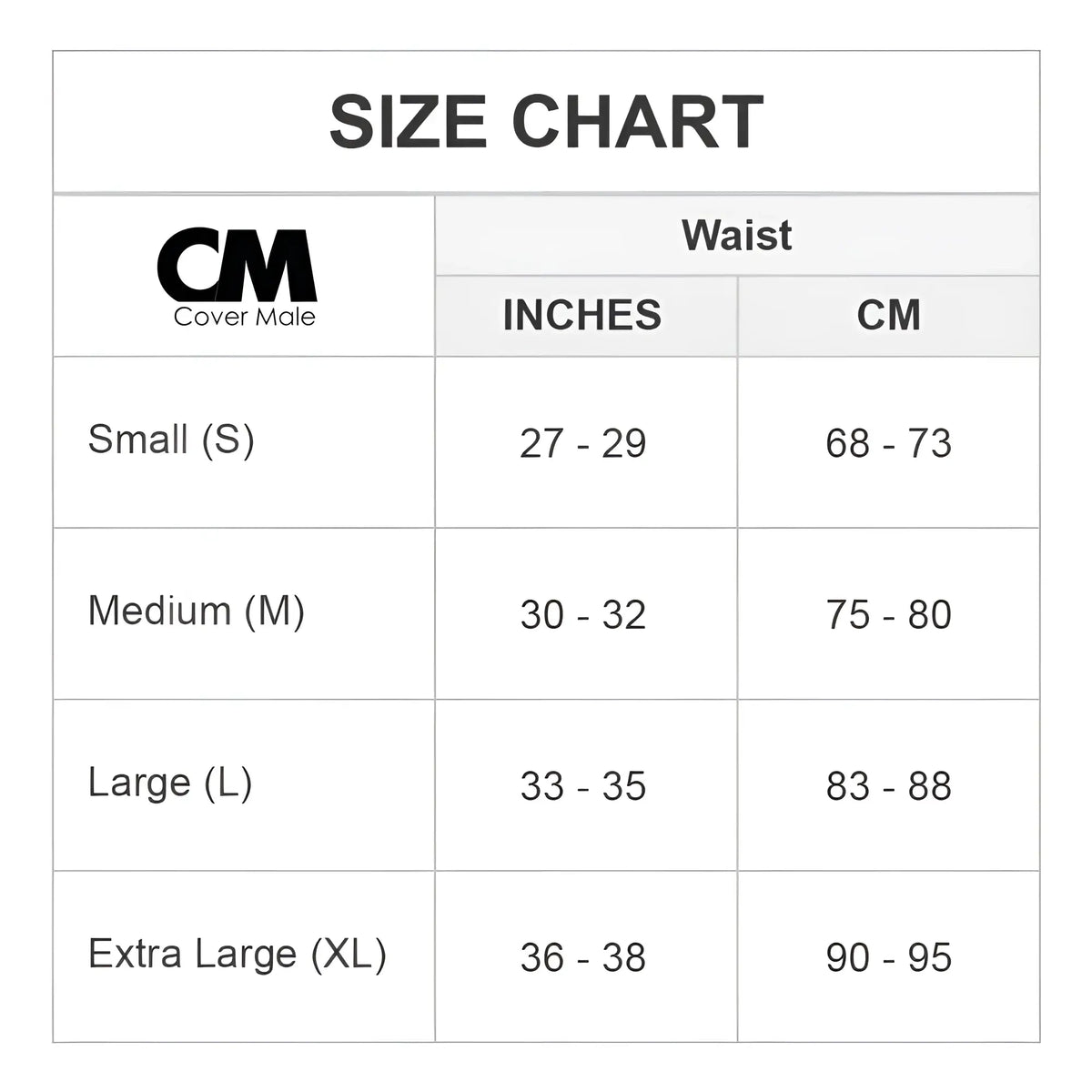Cover male cmi033 bikini size chart showing waist measurements in inches and centimeters from small to extra large