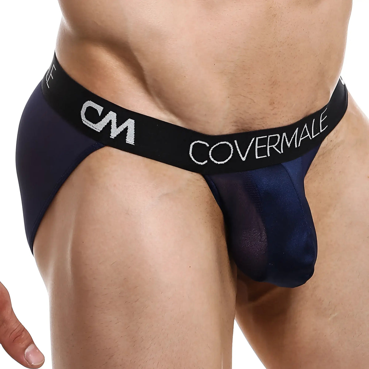 Navy blue sheer mesh menâ€™s briefs with black elastic waistband featuring silver cm logo by Cover Male labeled CMI033 bikini