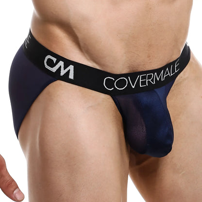 Navy blue sheer mesh menâ€™s briefs with black elastic waistband featuring silver cm logo by Cover Male labeled CMI033 bikini