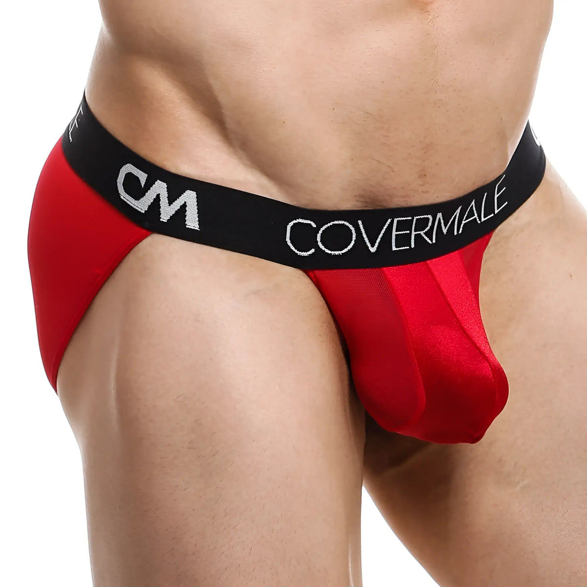 Cover male CMI033 bikini red satin briefs with black elastic waistband and covermale brand name in white lettering