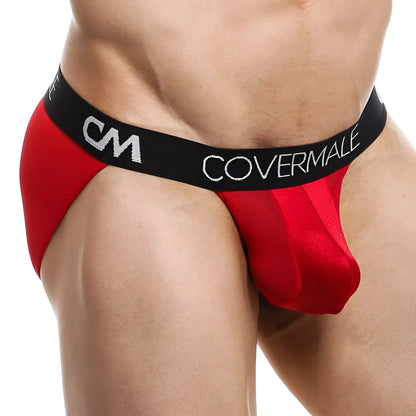 Cover male CMI033 bikini red satin briefs with black elastic waistband and covermale brand name in white lettering