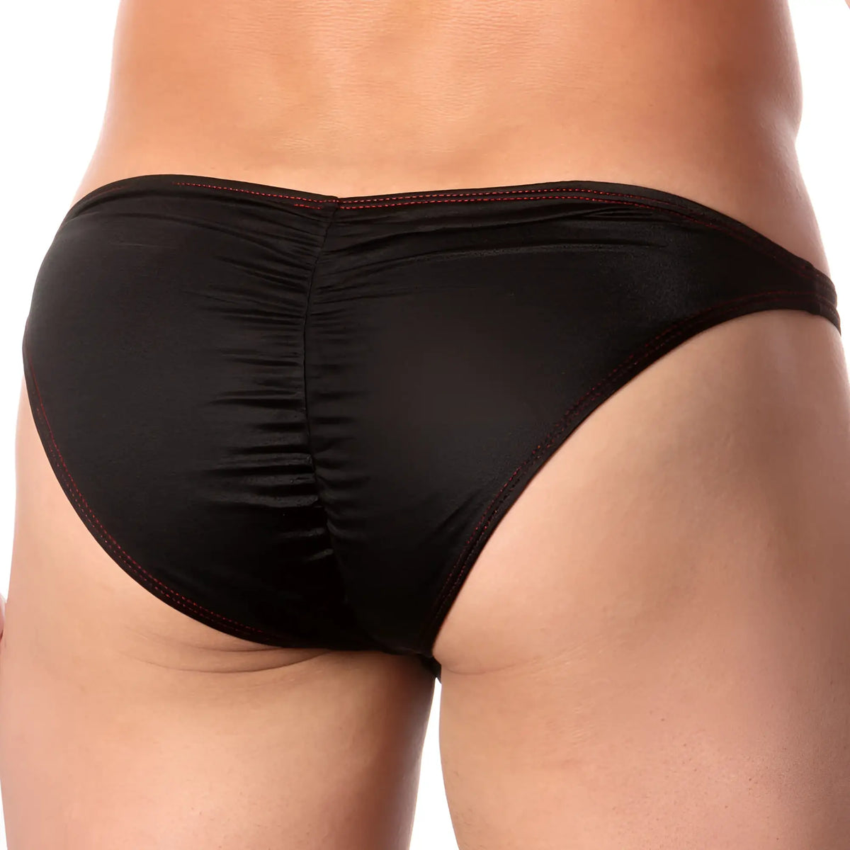 Black satin briefs with red stitching along waistband and legs cover male cmi034 volcano butt bikini back view
