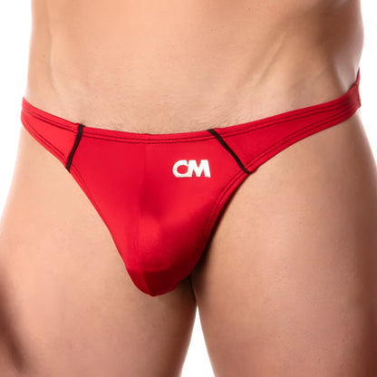 Red cm brand thong with black trim and white logo shown from the back in cover male cmi034 volcano butt bikini style