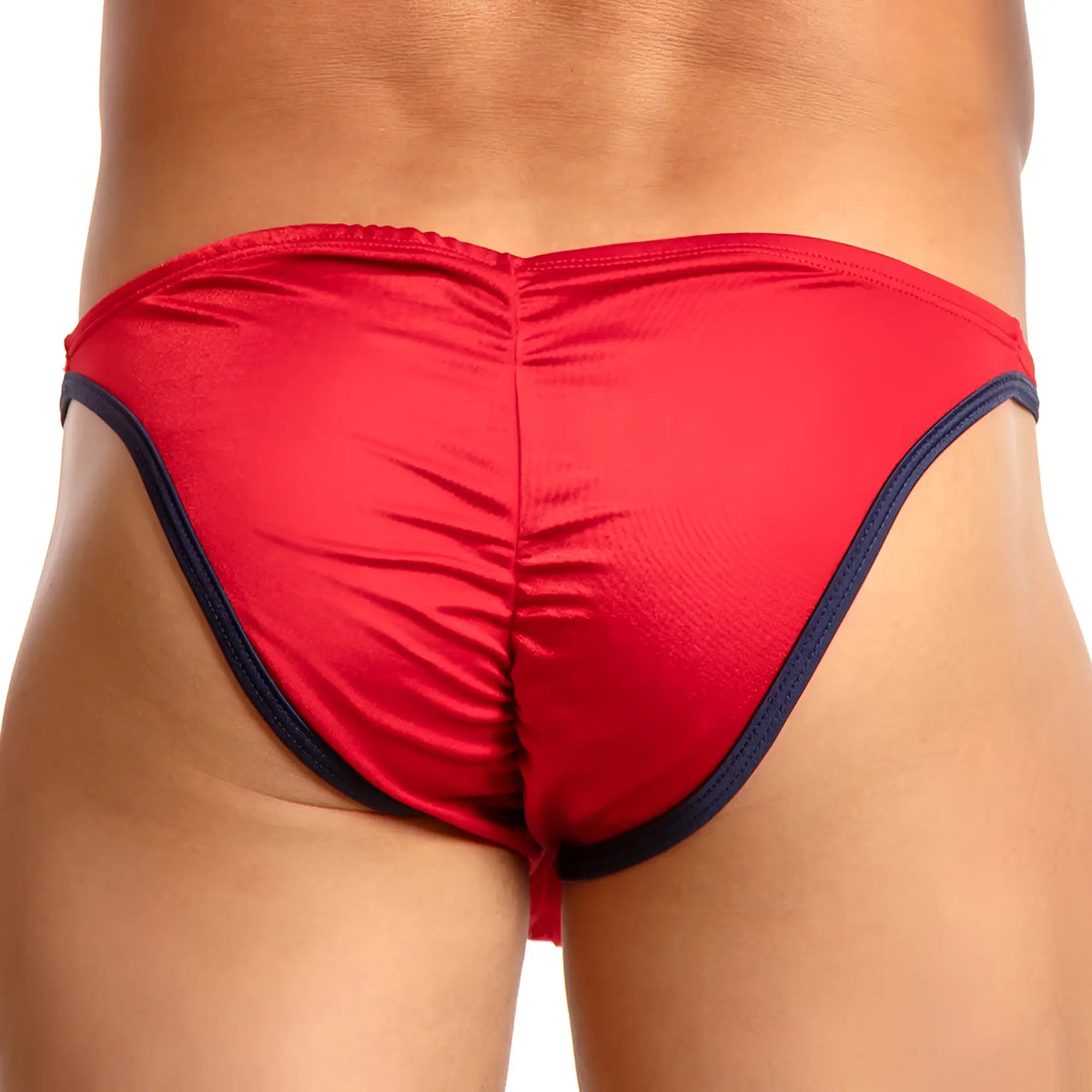 Red satin briefs cover male cmi037 bikini brief with navy blue trim showing front view