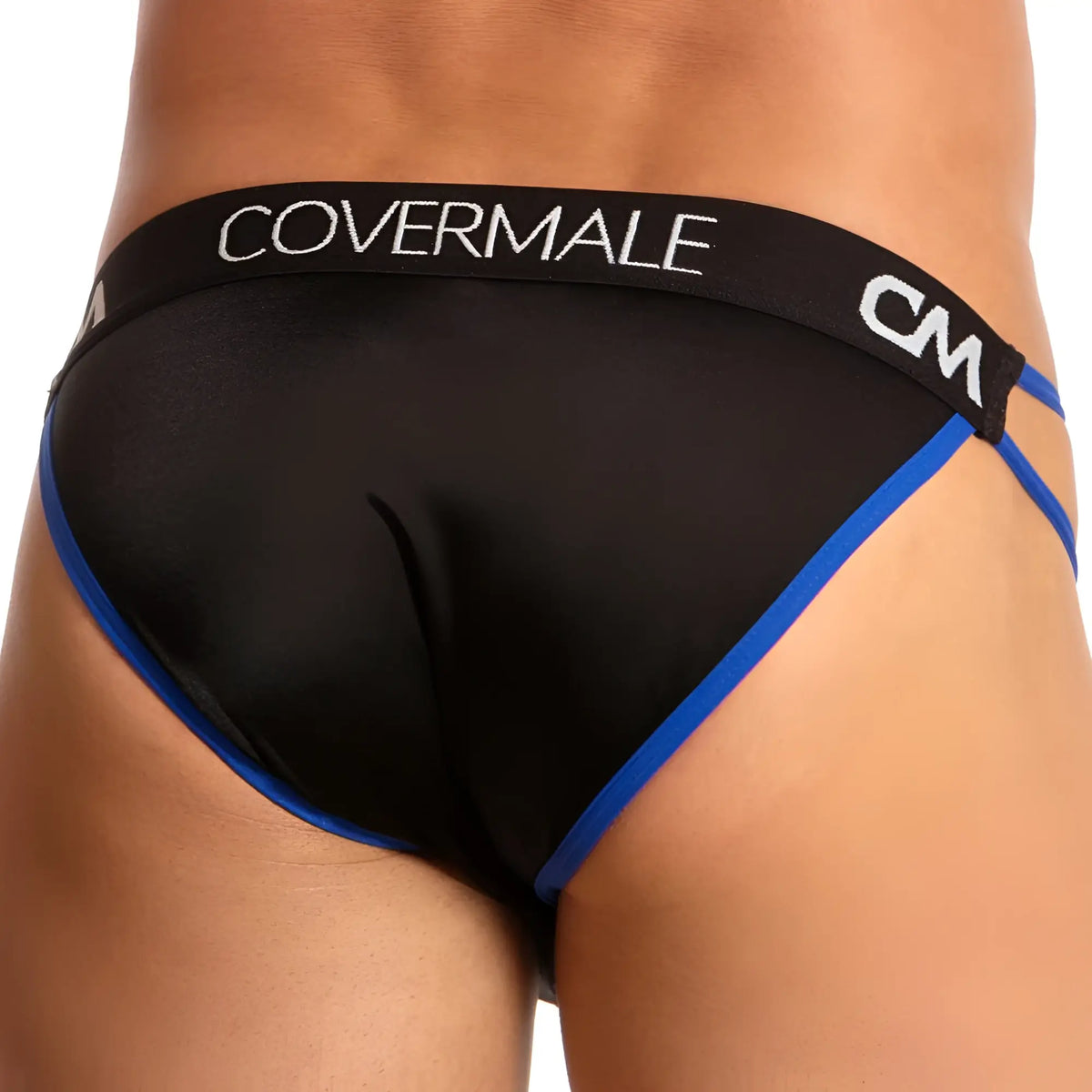 Cover male cmi039 bikini brief in black with blue trim and branded waistband made from comfortable fabric