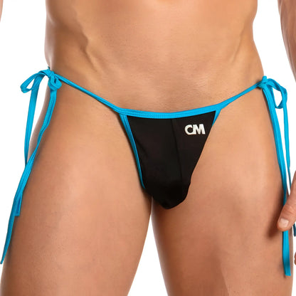 Cover male cmi040 bikini brief black and turquoise tie-side thong with white cm logo on the front