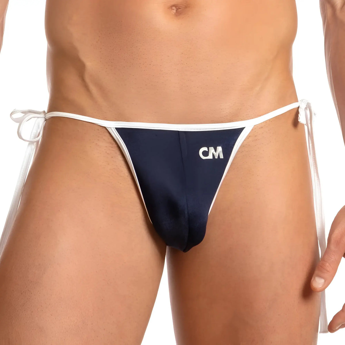 Navy blue and white Cover Male CMI040 bikini brief thong with cm logo on the front for stylish swimwear use