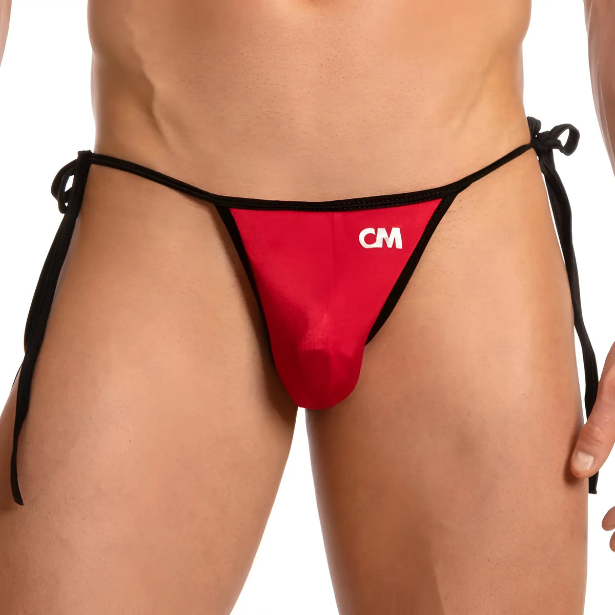 Cover male cmi040 bikini brief in red and black thong with white cm logo on the front for comfortable wear
