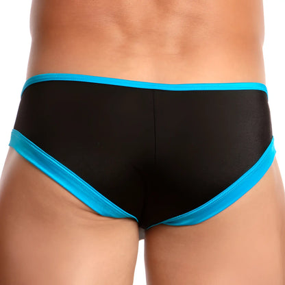 Cover male CMI041 cup bikini black briefs with vibrant turquoise trim designed for comfortable support