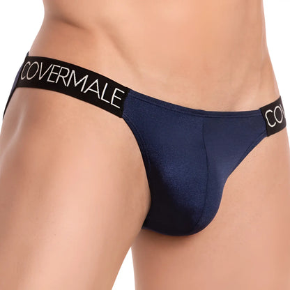 Navy blue textured fabric briefs with black elastic waistband and white covermale branding cover male cmi044 bikini brief
