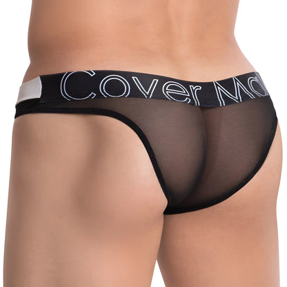 Black sheer mesh Cover Male CMI045 bikini briefs with white cover me waistband branding and white side stripe
