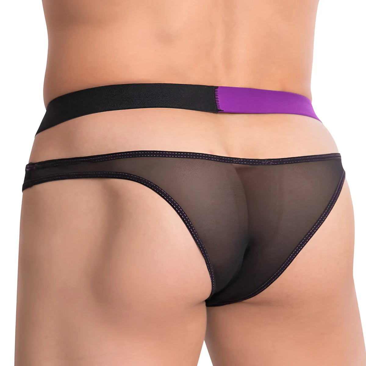 Cover male cmi046 brief black mesh thong with purple and black elastic waistband shown from the back side