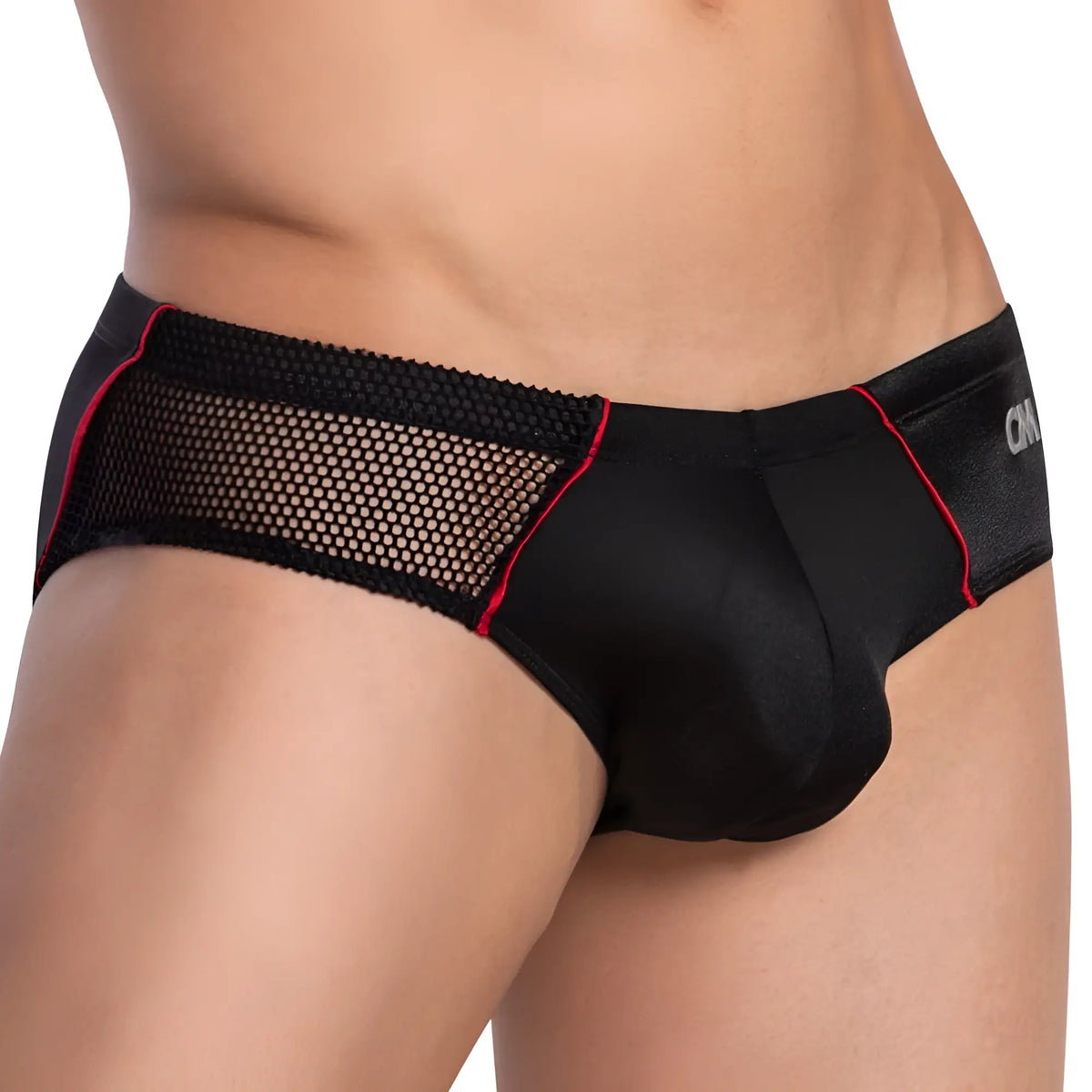 Cover Male CMI048 bikini brief in black mesh with red trim and a sleek form-fitting design