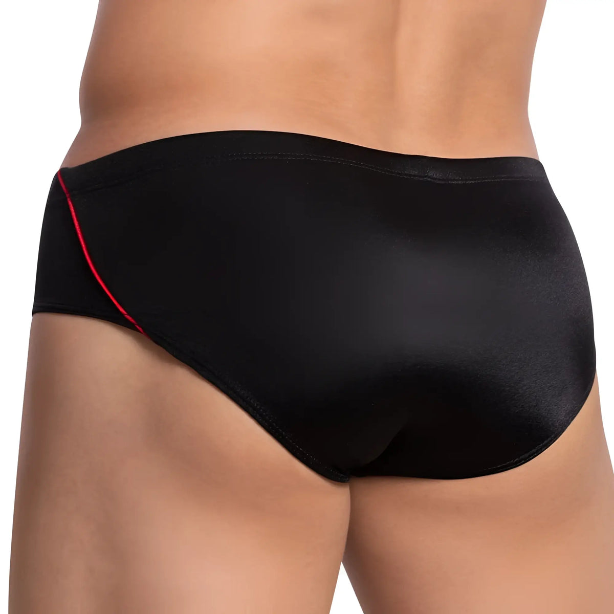 Cover male cmi048 bikini brief black satin briefs with red trim along the side seam front view