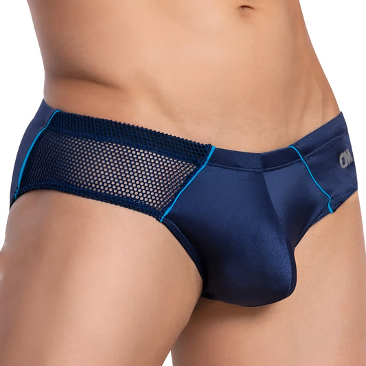Navy blue mesh and satin Cover Male CMI048 bikini briefs with bright blue trim and breathable fabric design