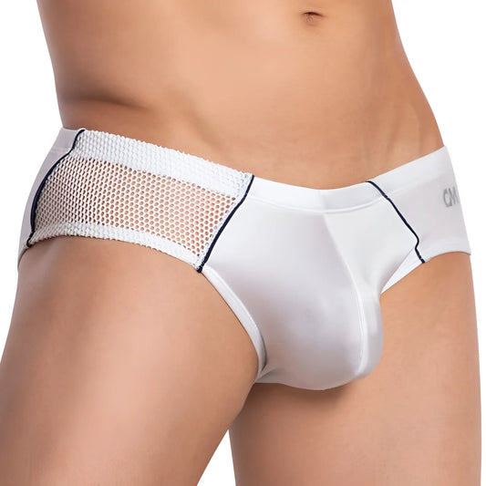 White mesh and satin briefs with navy trim in cover male cmi048 bikini brief style front view