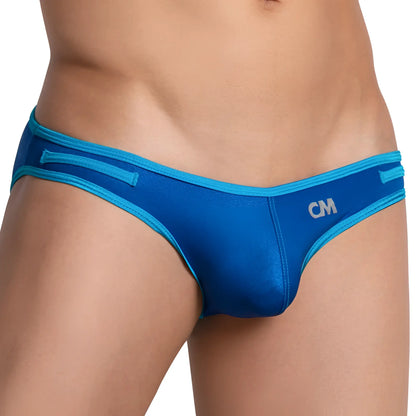 Cover Male CMI051 bikini brief in blue with shiny form-fitting fabric and light blue trim along the waistband