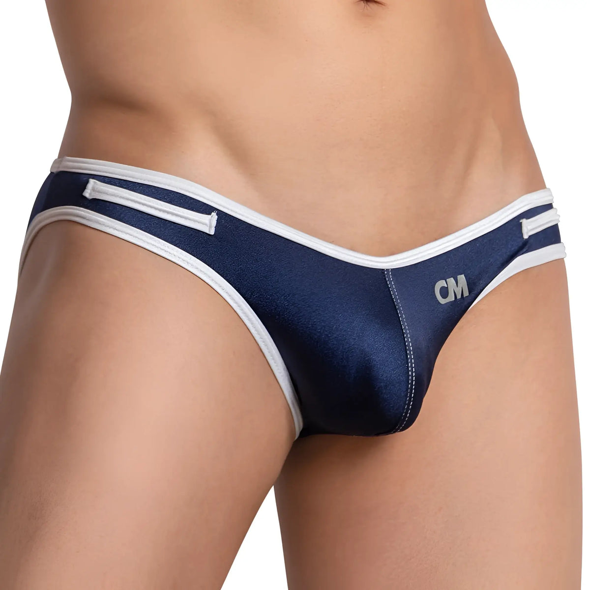 Navy blue denim-style Cover Male CMI051 bikini briefs with white trim and subtle cm logo on the front