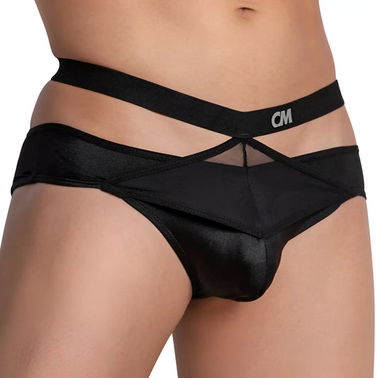 Black satin-like bikini briefs with mesh panel and crisscross cm logo waistband by cover male CMI053