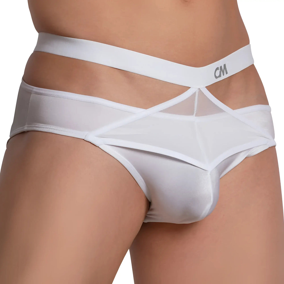 White mesh cover male cm1053 bikini briefs with crisscross design and elastic waistband featuring cm logo