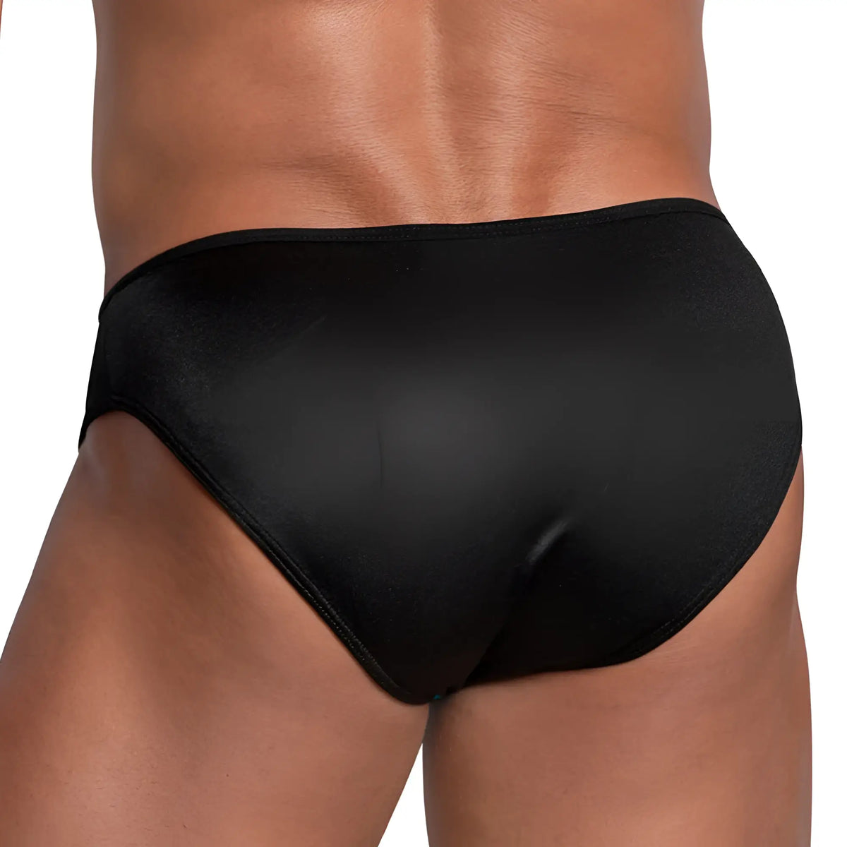 Cover male cmi055 exotic sheer bikini black satin briefs with smooth glossy finish and tailored fit front view