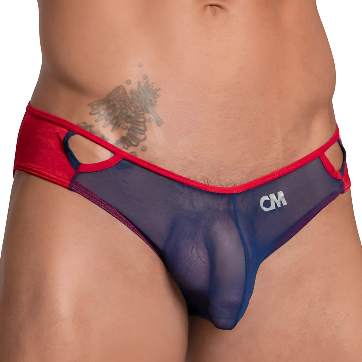 Navy blue sheer mesh briefs with red trim and cutout details cover male cmi055 exotic sheer bikini front view