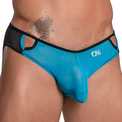 Turquoise mesh cover male cmi055 exotic sheer bikini briefs with black trim cutout sides and white cm logo on front