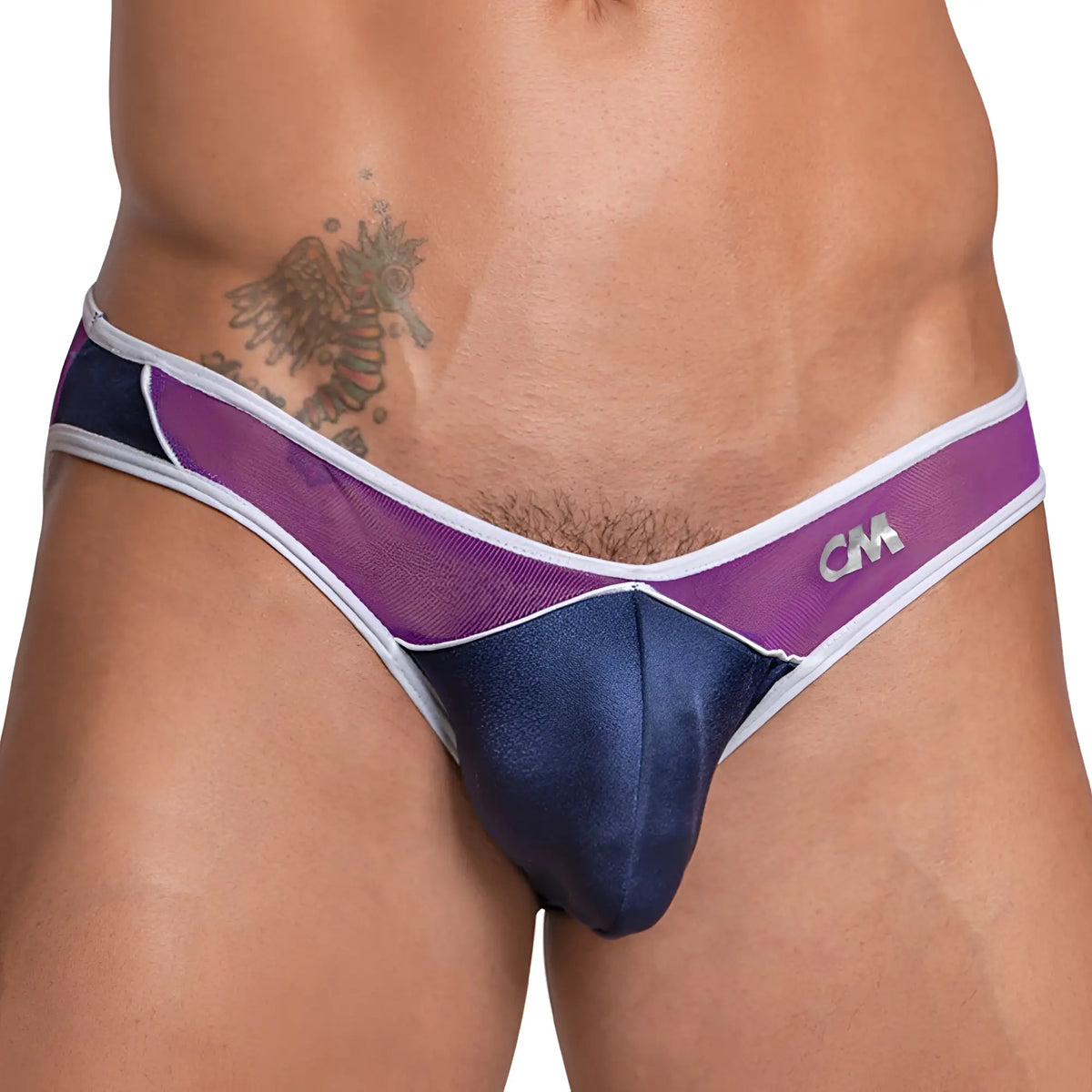 Cover Male CMI056 half mesh bikini briefs in purple and navy blue mesh and satin with white trim and silver cm logo waistband
