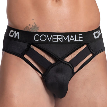 Black covermale wide-band visible bikini briefs with cut-out design and elastic waistband for men
