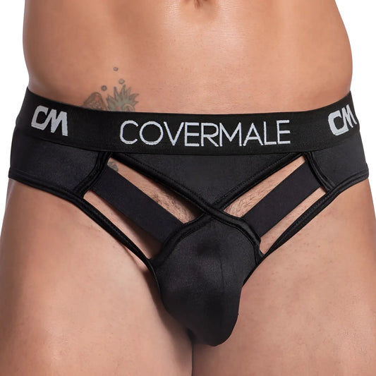 Black covermale wide-band visible bikini briefs with cut-out design and elastic waistband for men