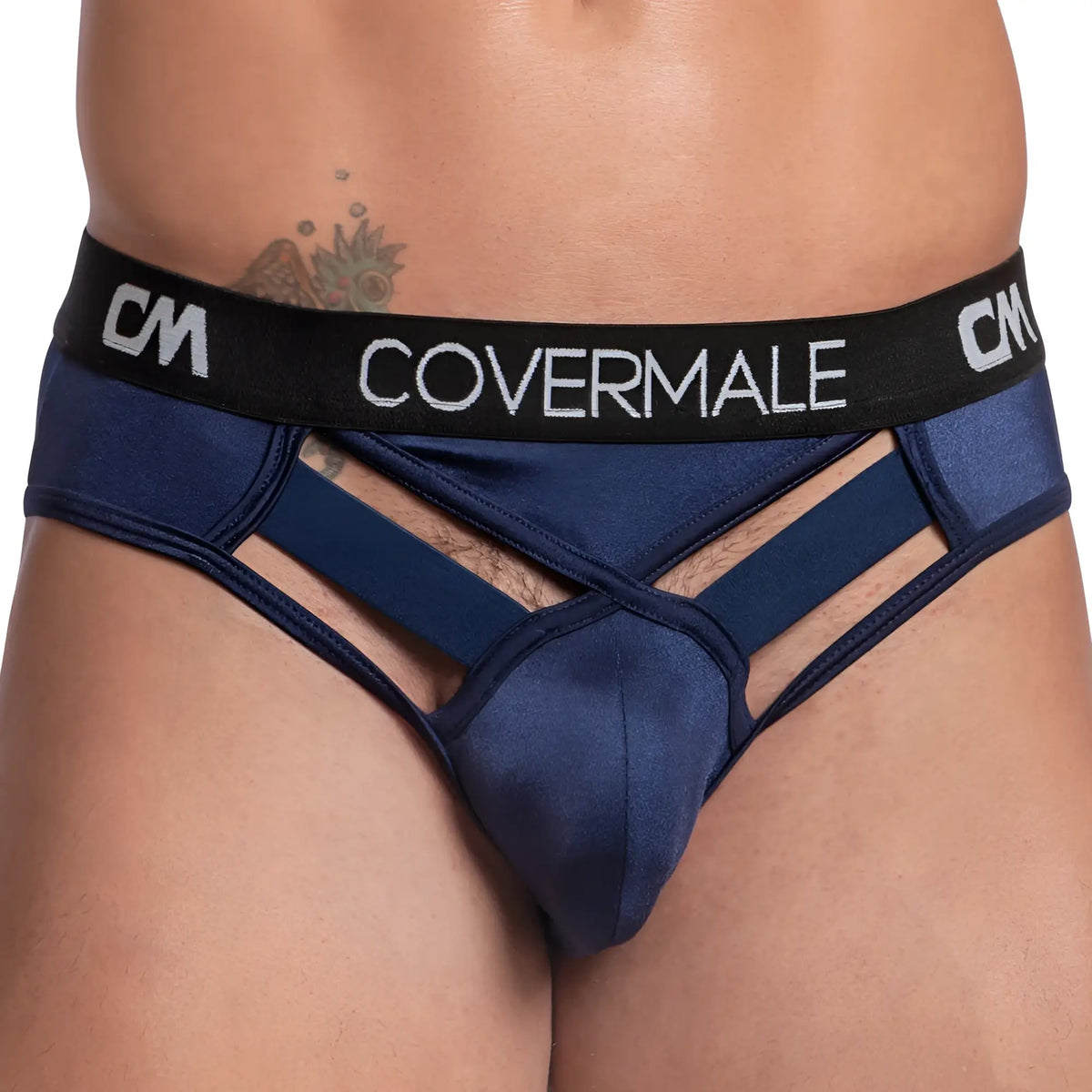 Navy blue satin briefs with black wide elastic waistband featuring white covermale branding visible in bikini style